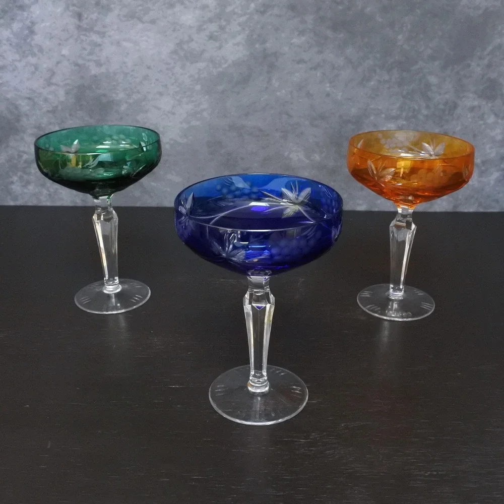 Vintage Crystal Cut To Clear Colorful Champagne Coupe Glasses Set
